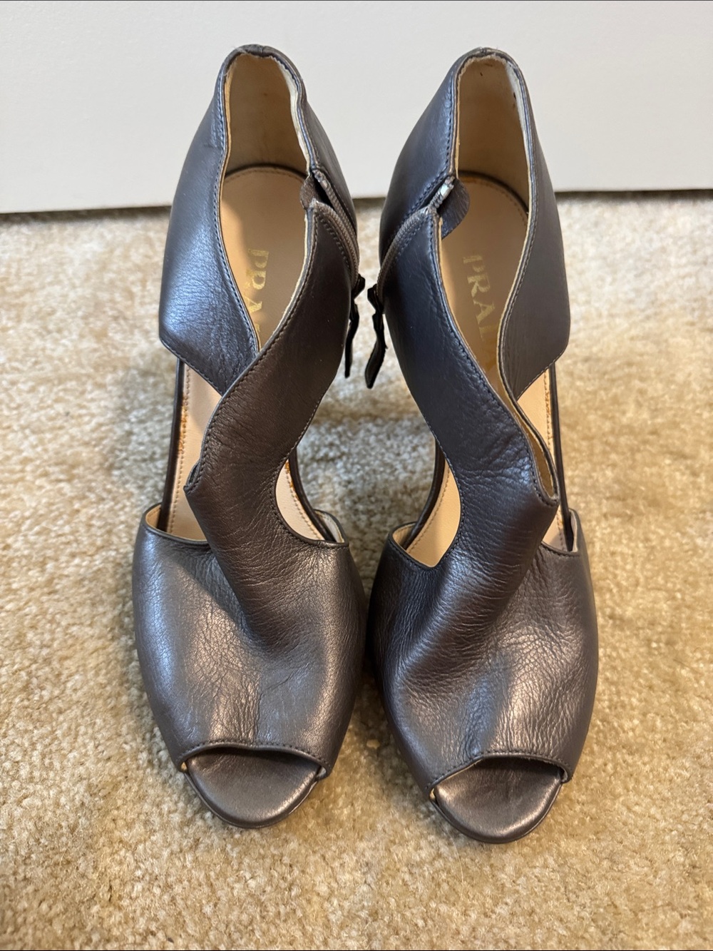 Prada Dark Brown Leather Peep-Toe Cutout Heels